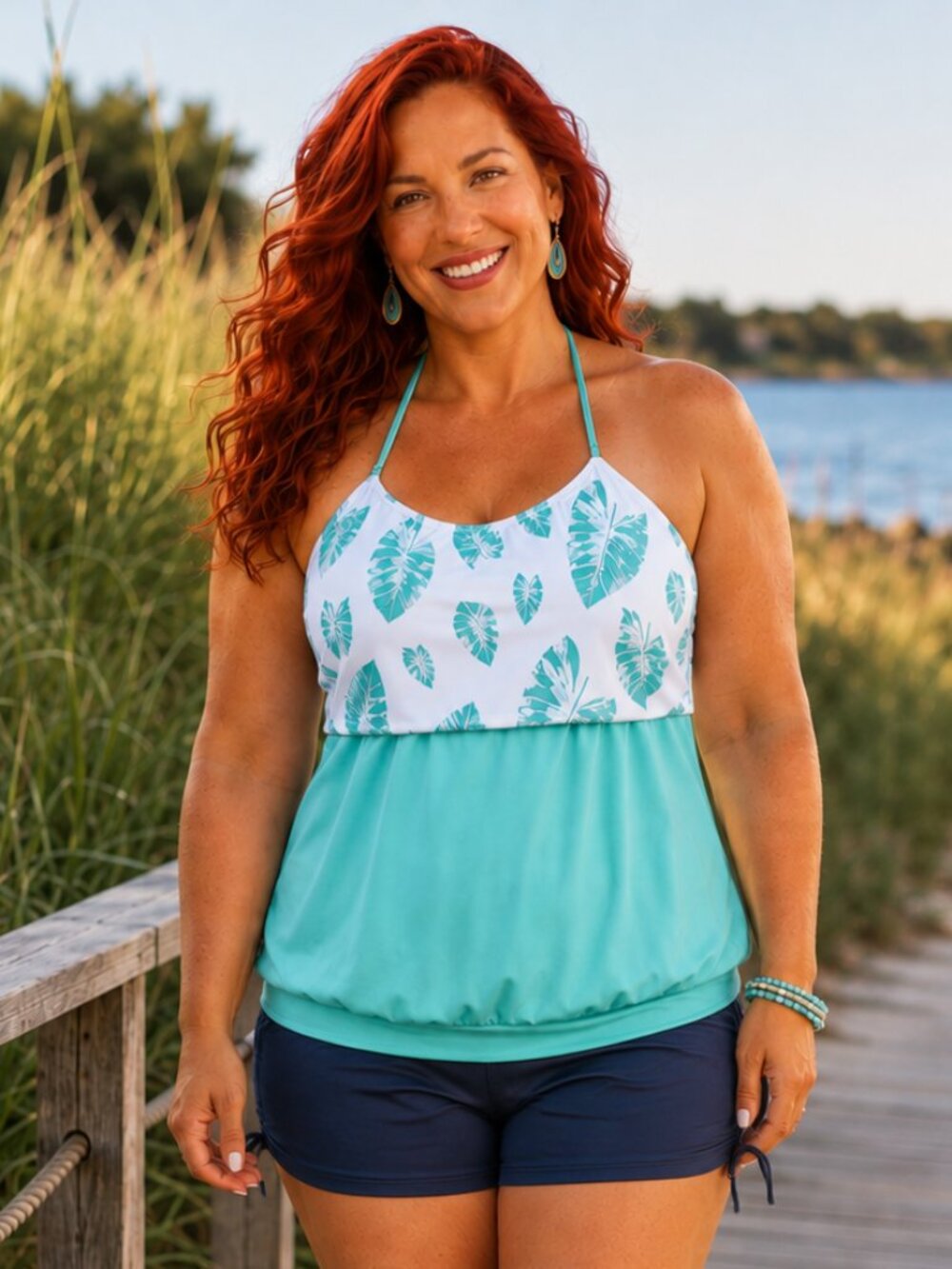 Rosegal Tropical Leaf Halter Tankini Swim Top Turquoise White NWT
